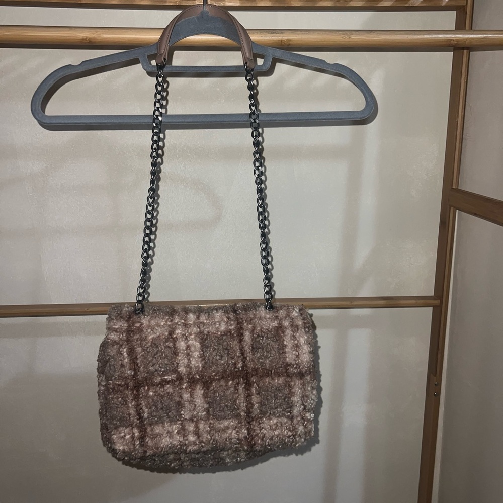 Zara Checkered Pink Fuzzy Chain Purse